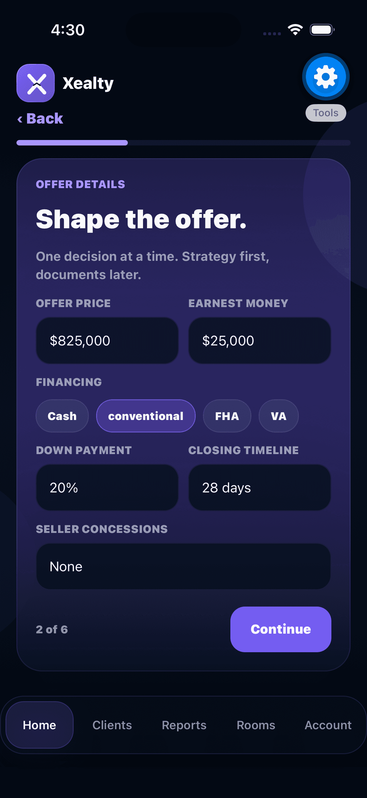 Enter offer terms screenshot