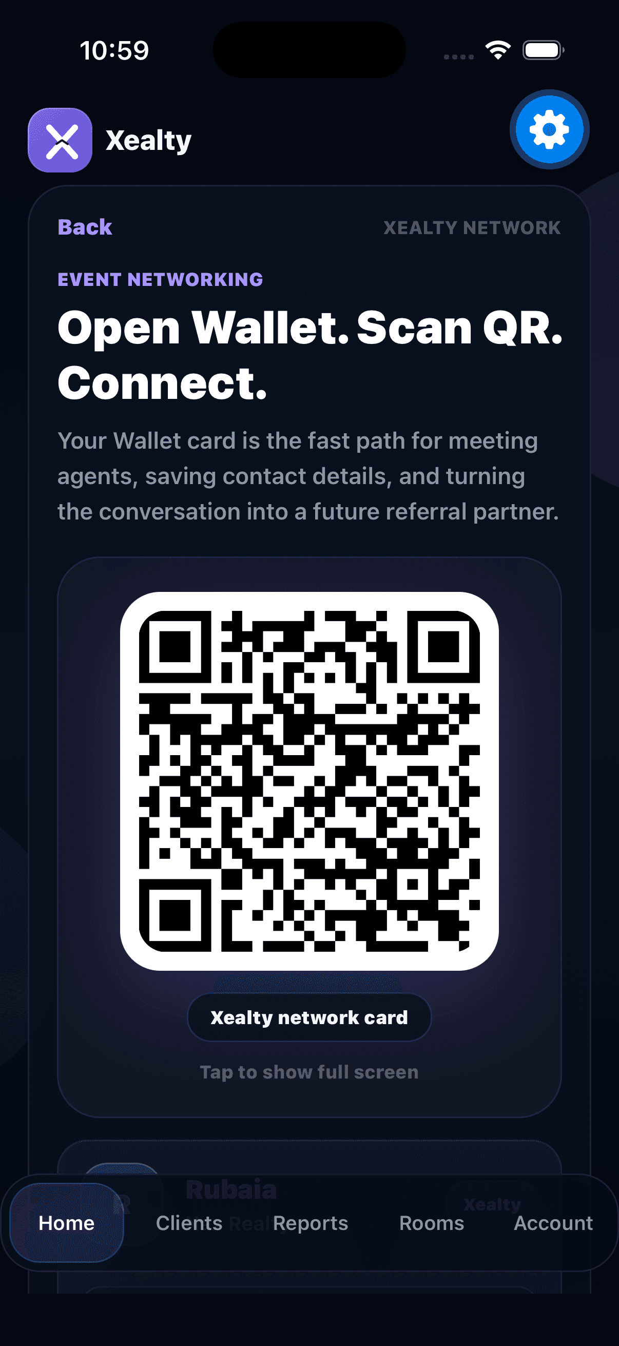 Xealty Network QR screen in the iPhone simulator