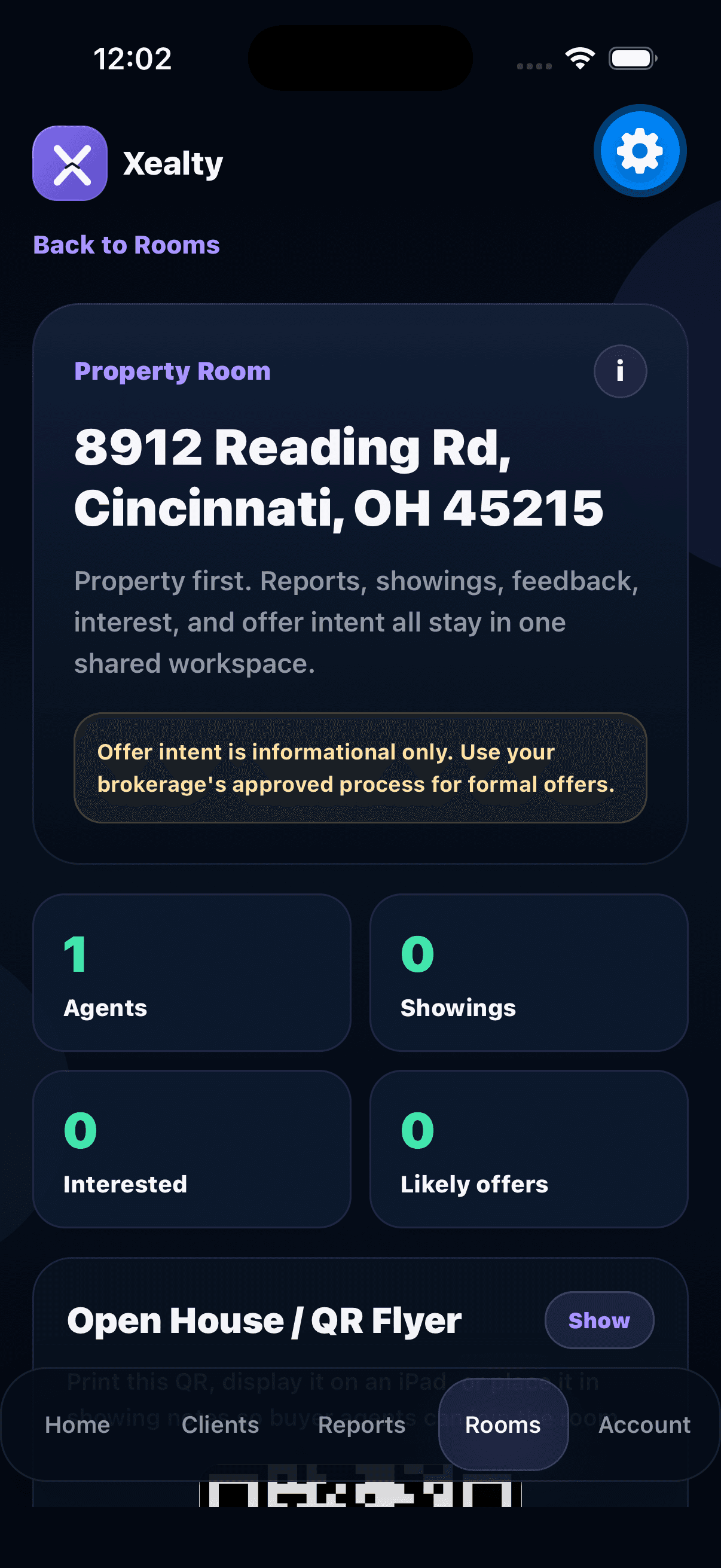 Real Xealty Property Room screen from the iPhone simulator
