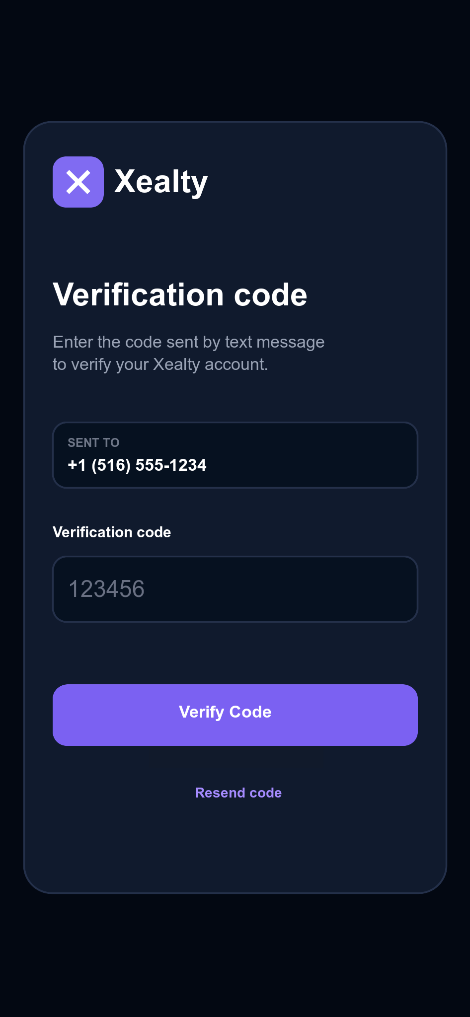 Xealty mobile verification code screen.